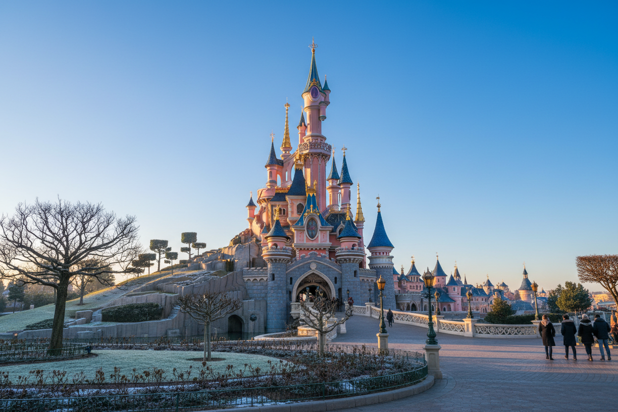 vue sur le chateau de disneyland paris avec belle journée ensoleillée au plein hiver